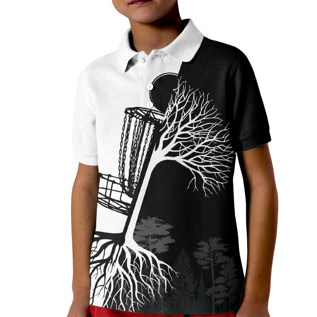Black and White Disc Golf Tree Graphic Kid Polo Shirt with Roots Silhouette and Custom Name Design - Wonder Print Shop
