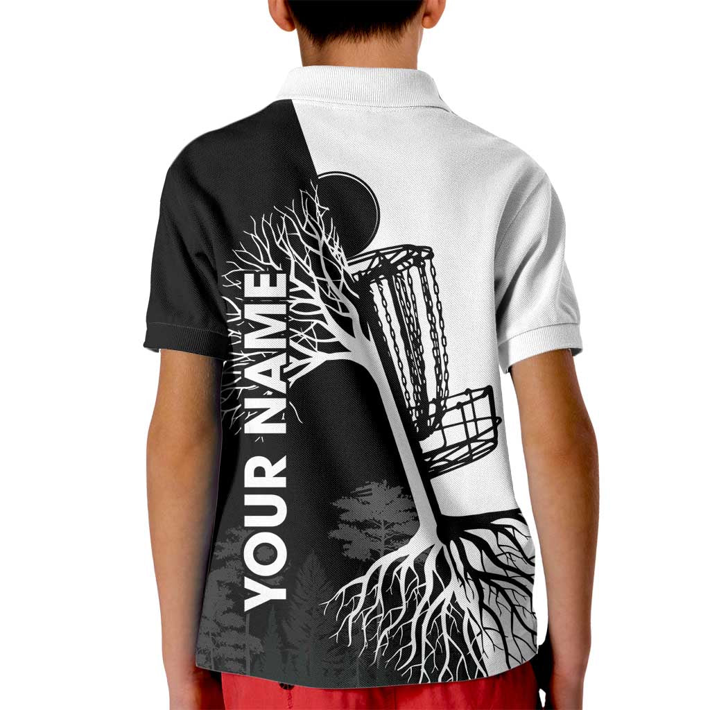 Black and White Disc Golf Tree Graphic Kid Polo Shirt with Roots Silhouette and Custom Name Design - Wonder Print Shop