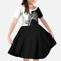 Black and White Disc Golf Tree Graphic Kid Short Sleeve Dress with Roots Silhouette and Custom Name Design - Wonder Print Shop