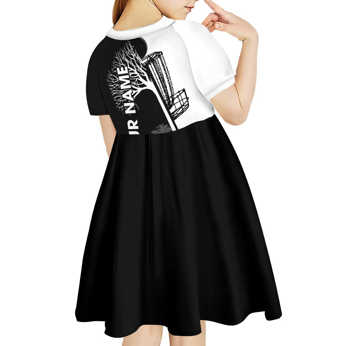 Black and White Disc Golf Tree Graphic Kid Short Sleeve Dress with Roots Silhouette and Custom Name Design - Wonder Print Shop