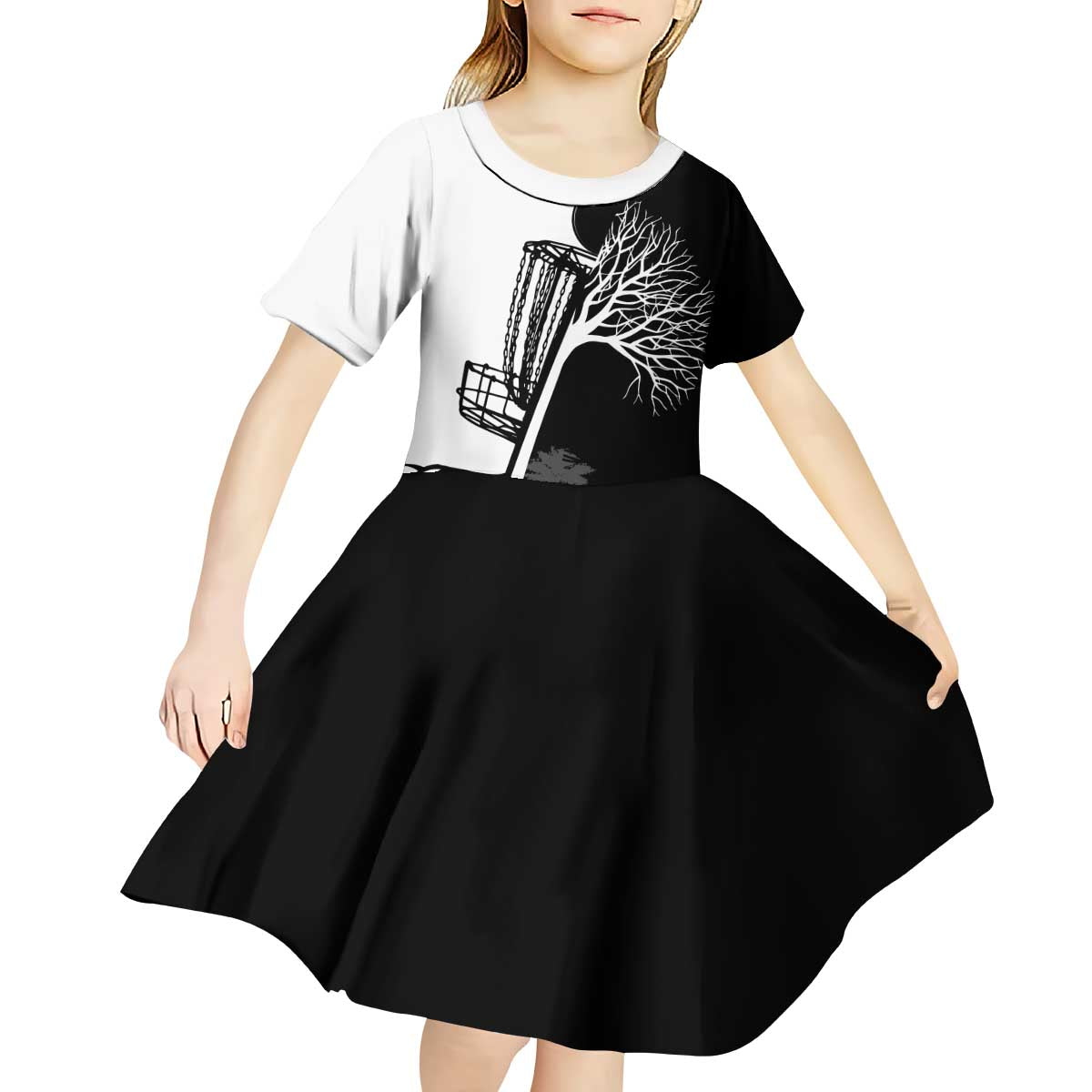 Black and White Disc Golf Tree Graphic Kid Short Sleeve Dress with Roots Silhouette and Custom Name Design - Wonder Print Shop