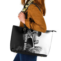 Black and White Disc Golf Tree Graphic Leather Tote Bag with Roots Silhouette and Custom Name Design - Wonder Print Shop