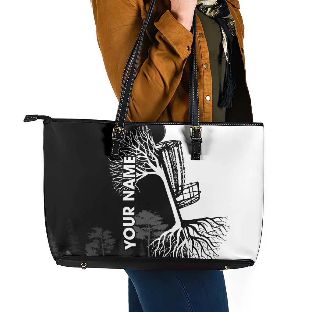 Black and White Disc Golf Tree Graphic Leather Tote Bag with Roots Silhouette and Custom Name Design - Wonder Print Shop