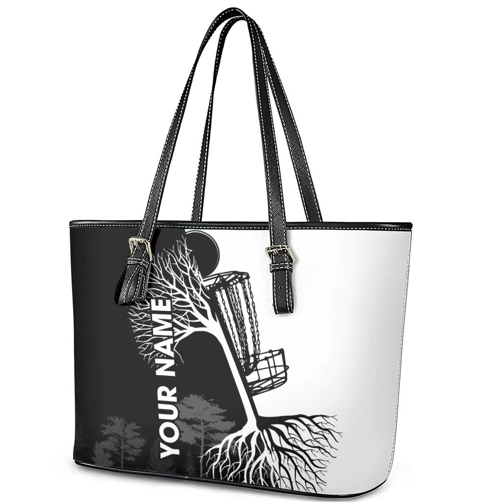 Black and White Disc Golf Tree Graphic Leather Tote Bag with Roots Silhouette and Custom Name Design - Wonder Print Shop