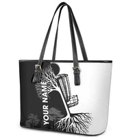 Black and White Disc Golf Tree Graphic Leather Tote Bag with Roots Silhouette and Custom Name Design - Wonder Print Shop