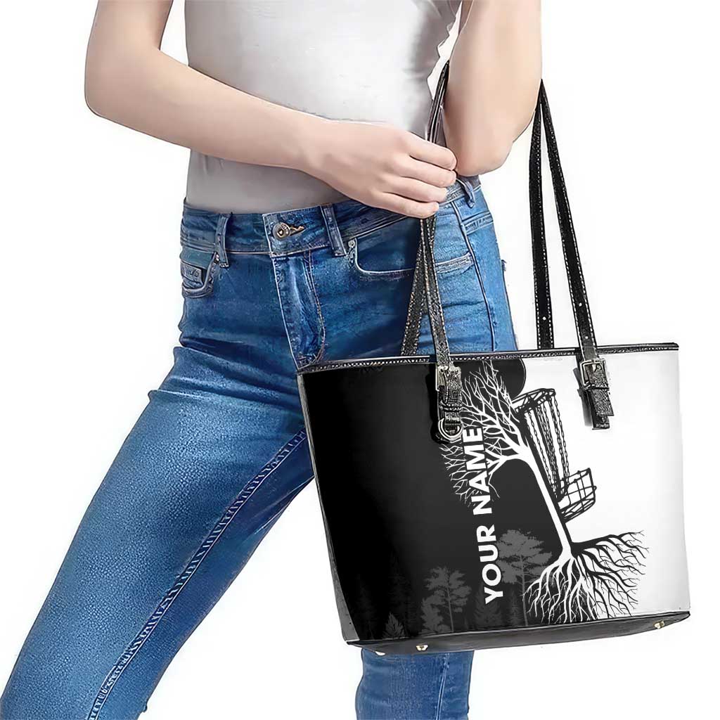 Black and White Disc Golf Tree Graphic Leather Tote Bag with Roots Silhouette and Custom Name Design - Wonder Print Shop