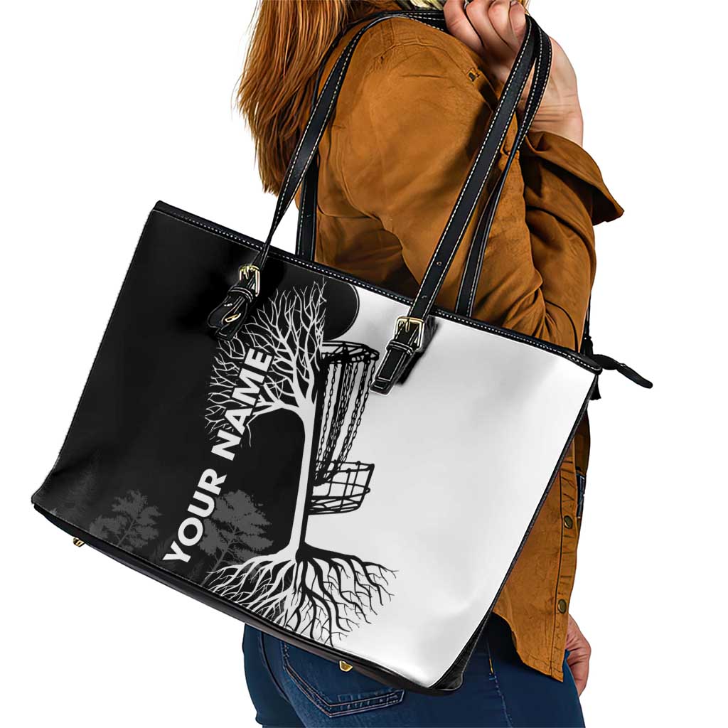 Black and White Disc Golf Tree Graphic Leather Tote Bag with Roots Silhouette and Custom Name Design - Wonder Print Shop