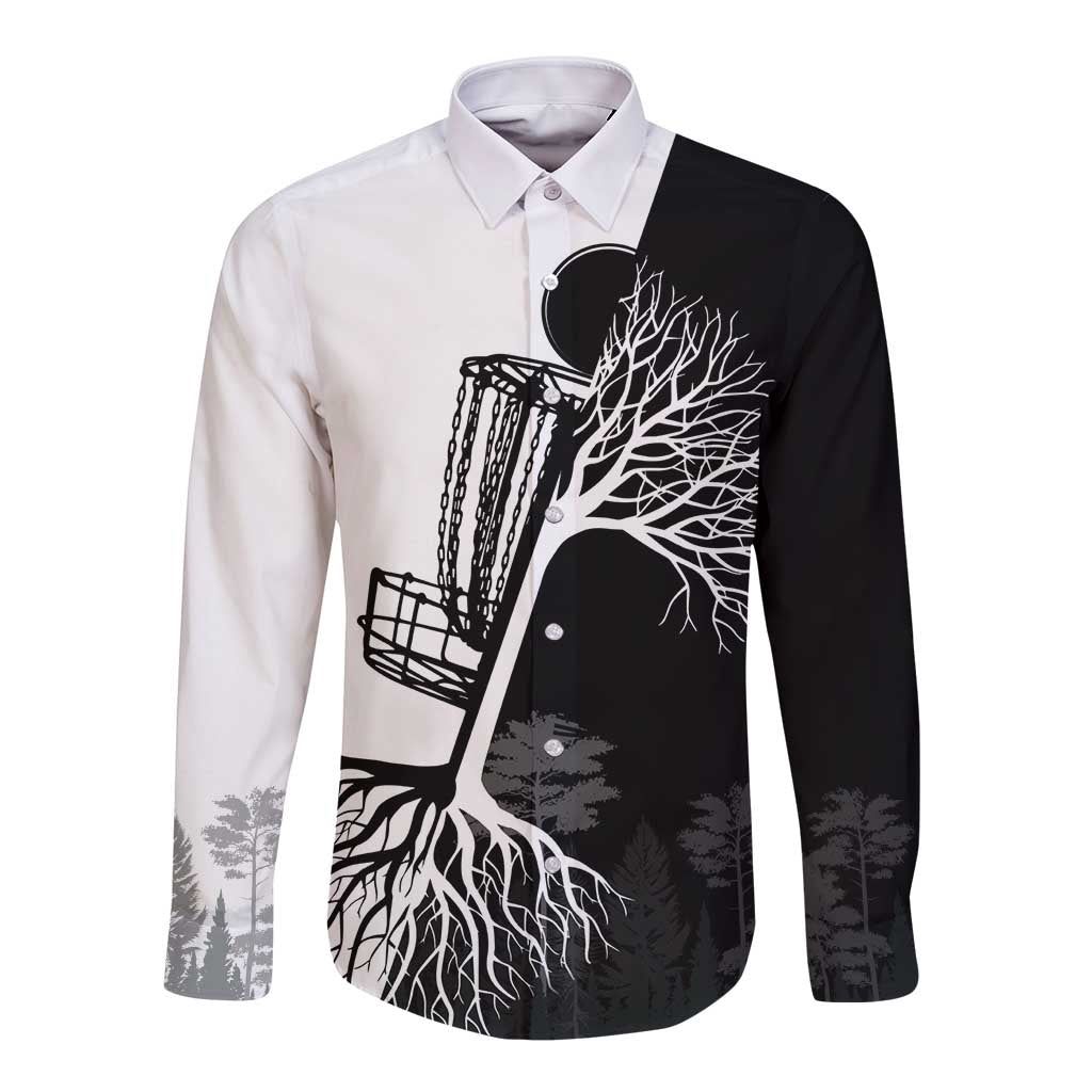 Black and White Disc Golf Tree Graphic Long Sleeve Button Shirt with Roots Silhouette and Custom Name Design - Wonder Print Shop