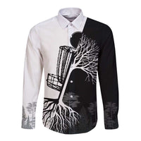 Black and White Disc Golf Tree Graphic Long Sleeve Button Shirt with Roots Silhouette and Custom Name Design - Wonder Print Shop