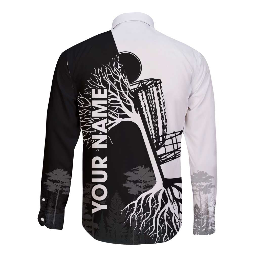 Black and White Disc Golf Tree Graphic Long Sleeve Button Shirt with Roots Silhouette and Custom Name Design - Wonder Print Shop