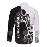 Black and White Disc Golf Tree Graphic Long Sleeve Button Shirt with Roots Silhouette and Custom Name Design - Wonder Print Shop