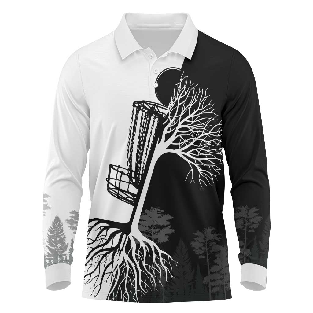 Black and White Disc Golf Tree Graphic Long Sleeve Polo Shirt with Roots Silhouette and Custom Name Design - Wonder Print Shop