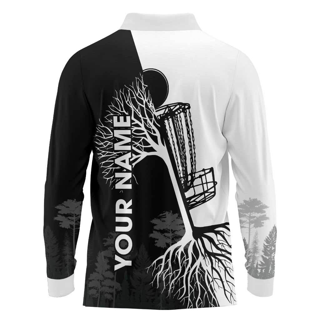 Black and White Disc Golf Tree Graphic Long Sleeve Polo Shirt with Roots Silhouette and Custom Name Design - Wonder Print Shop