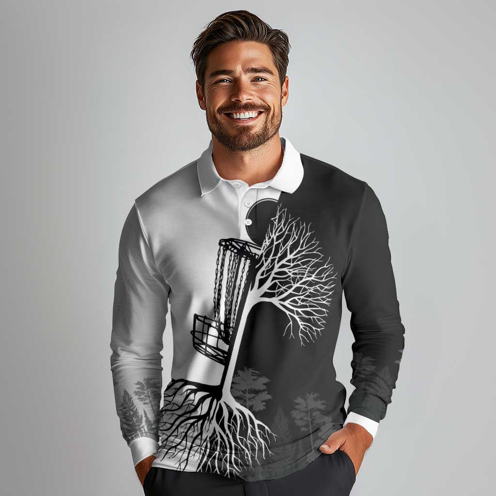 Black and White Disc Golf Tree Graphic Long Sleeve Polo Shirt with Roots Silhouette and Custom Name Design - Wonder Print Shop