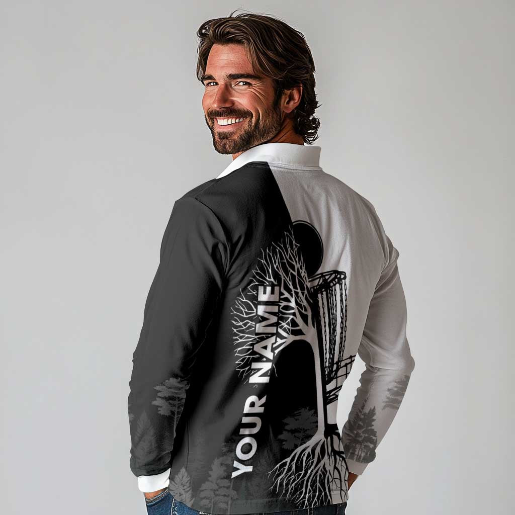 Black and White Disc Golf Tree Graphic Long Sleeve Polo Shirt with Roots Silhouette and Custom Name Design - Wonder Print Shop