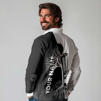 Black and White Disc Golf Tree Graphic Long Sleeve Polo Shirt with Roots Silhouette and Custom Name Design - Wonder Print Shop
