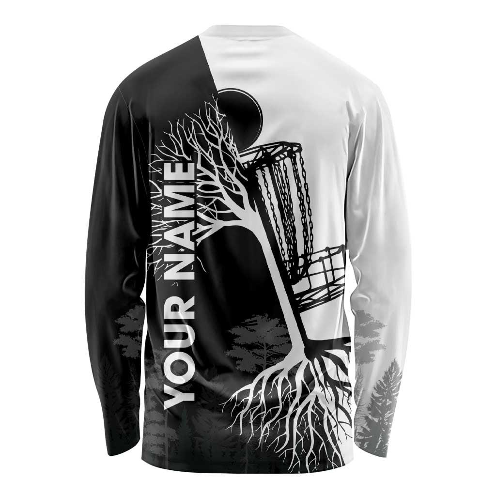 Black and White Disc Golf Tree Graphic Long Sleeve Shirt with Roots Silhouette and Custom Name Design - Wonder Print Shop