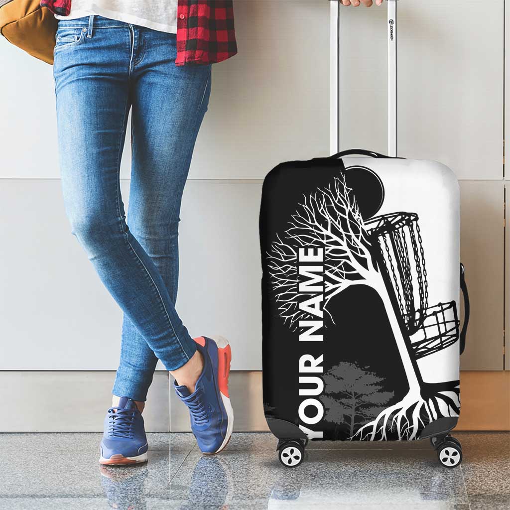 Black and White Disc Golf Tree Graphic Luggage Cover with Roots Silhouette and Custom Name Design - Wonder Print Shop