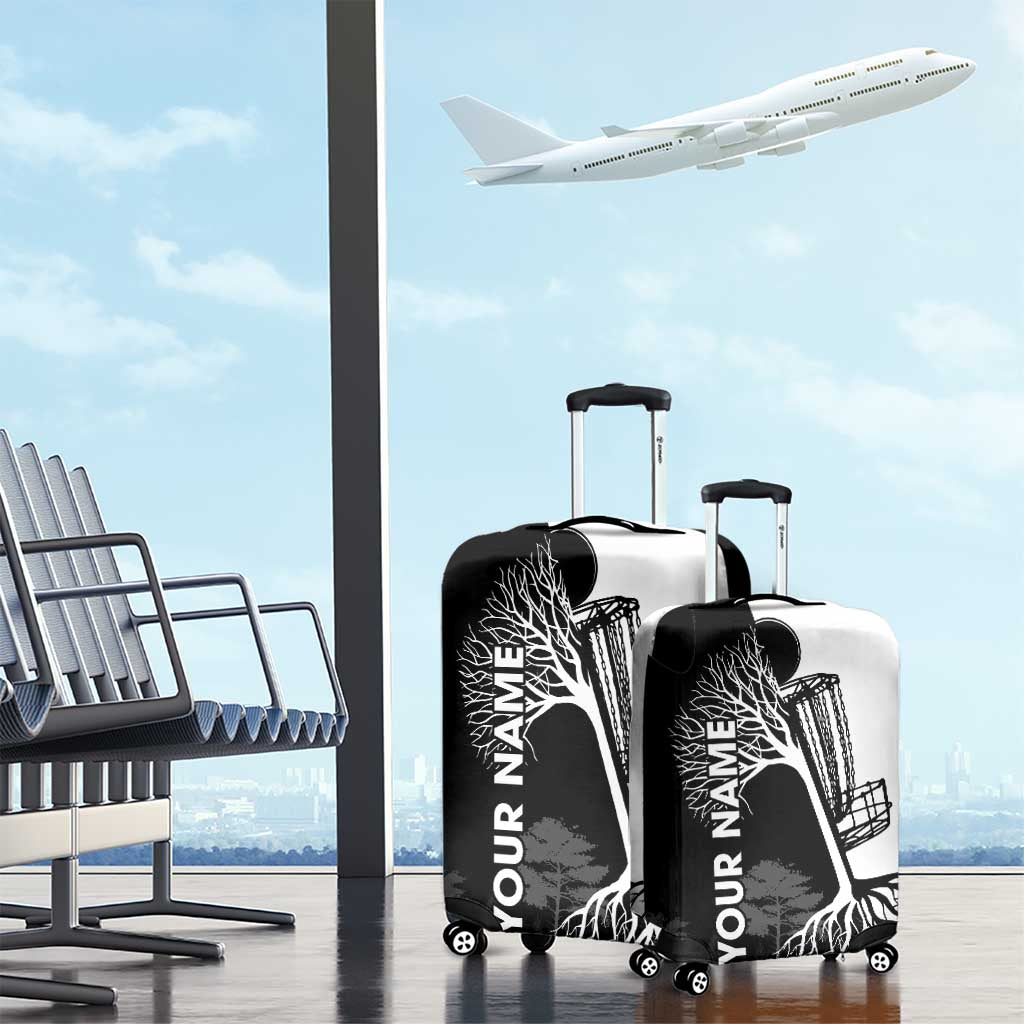 Black and White Disc Golf Tree Graphic Luggage Cover with Roots Silhouette and Custom Name Design - Wonder Print Shop