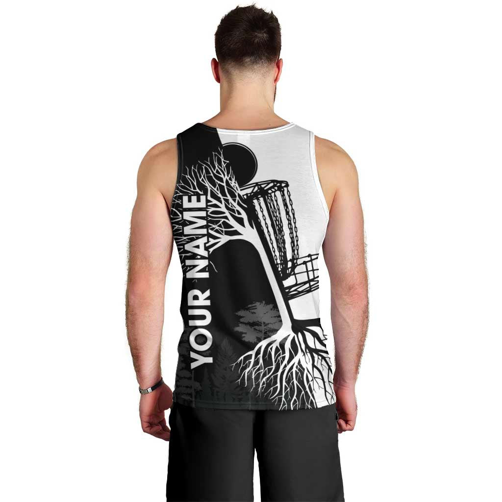 Black and White Disc Golf Tree Graphic Men Tank Top with Roots Silhouette and Custom Name Design - Wonder Print Shop