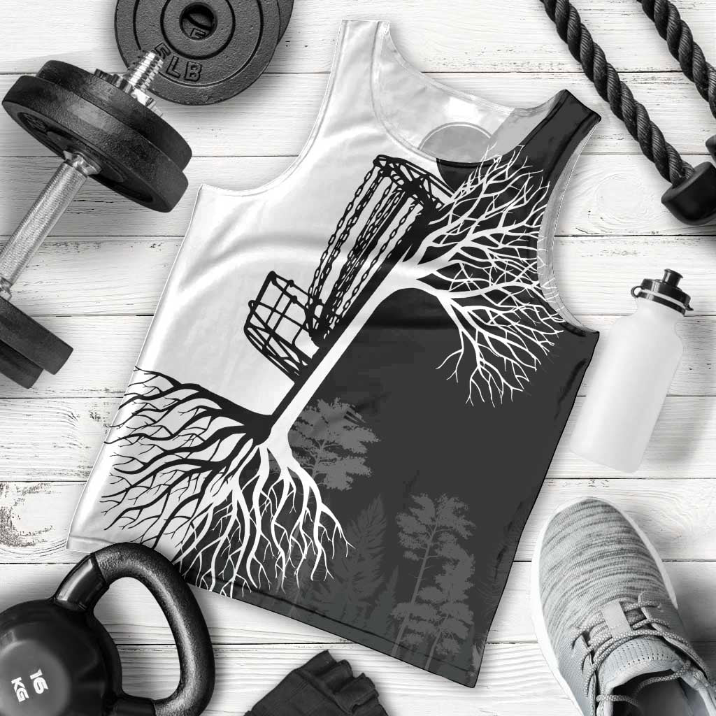 Black and White Disc Golf Tree Graphic Men Tank Top with Roots Silhouette and Custom Name Design - Wonder Print Shop