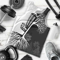 Black and White Disc Golf Tree Graphic Men Tank Top with Roots Silhouette and Custom Name Design - Wonder Print Shop