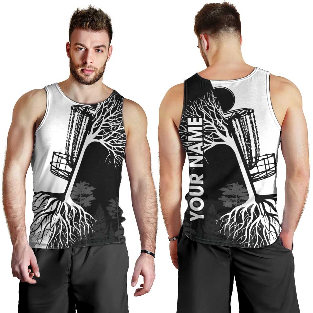 Black and White Disc Golf Tree Graphic Men Tank Top with Roots Silhouette and Custom Name Design - Wonder Print Shop
