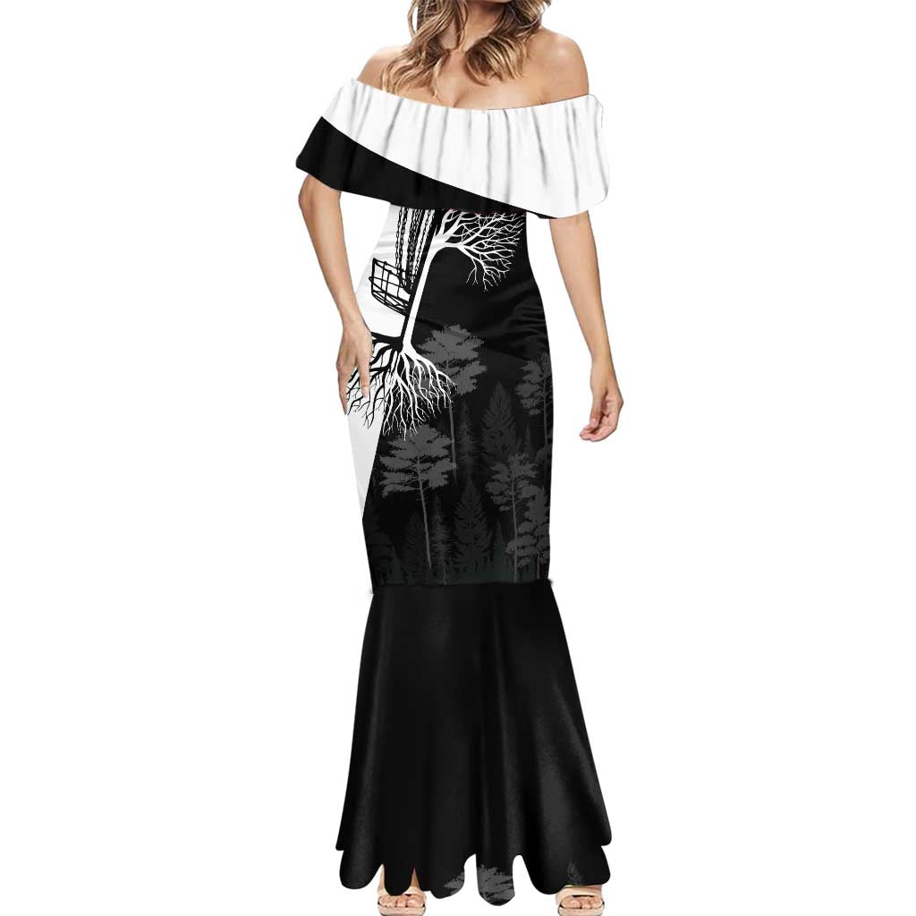 Black and White Disc Golf Tree Graphic Mermaid Dress with Roots Silhouette and Custom Name Design - Wonder Print Shop
