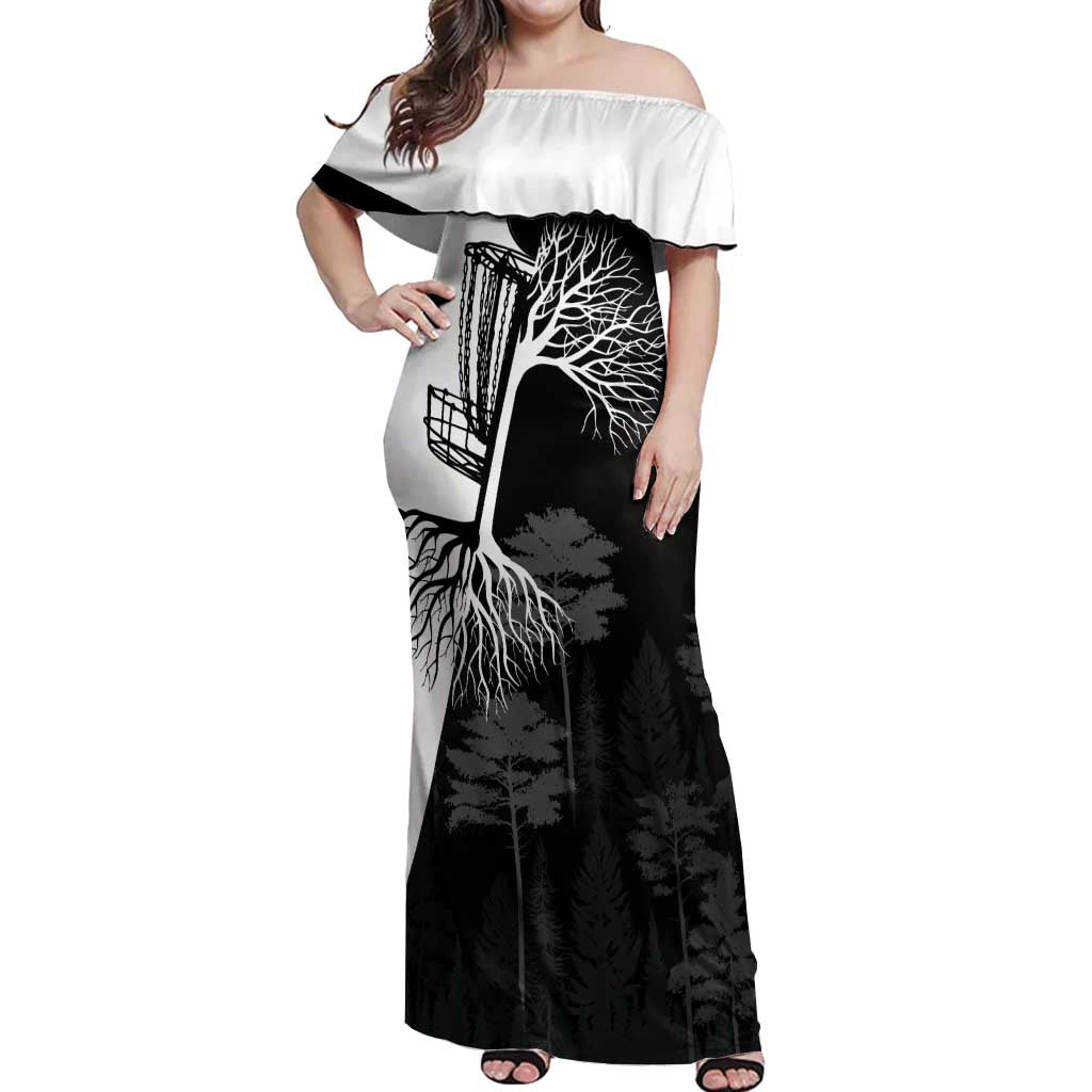Black and White Disc Golf Tree Graphic Off Shoulder Maxi Dress with Roots Silhouette and Custom Name Design - Wonder Print Shop
