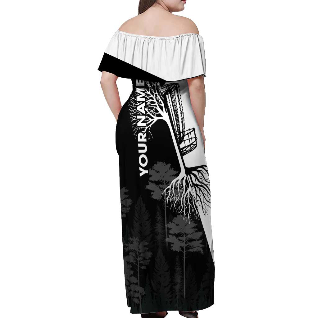 Black and White Disc Golf Tree Graphic Off Shoulder Maxi Dress with Roots Silhouette and Custom Name Design - Wonder Print Shop