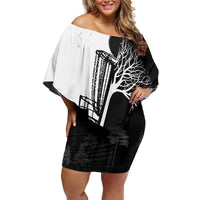 Black and White Disc Golf Tree Graphic Off Shoulder Short Dress with Roots Silhouette and Custom Name Design - Wonder Print Shop