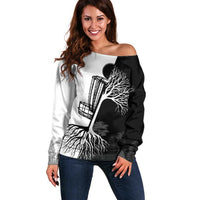 Black and White Disc Golf Tree Graphic Off Shoulder Sweater with Roots Silhouette and Custom Name Design - Wonder Print Shop