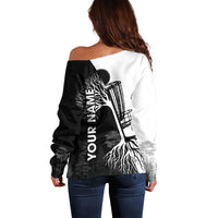 Black and White Disc Golf Tree Graphic Off Shoulder Sweater with Roots Silhouette and Custom Name Design - Wonder Print Shop