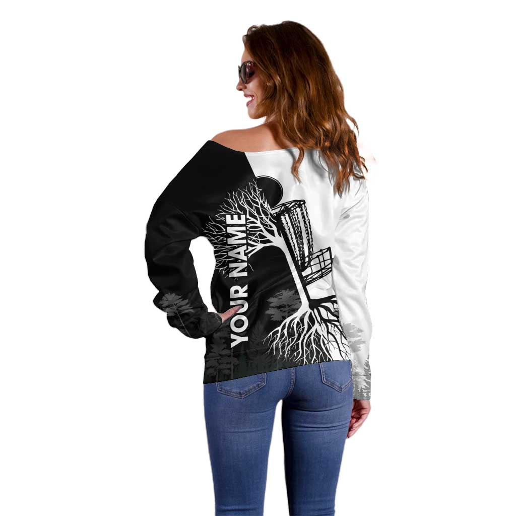 Black and White Disc Golf Tree Graphic Off Shoulder Sweater with Roots Silhouette and Custom Name Design - Wonder Print Shop