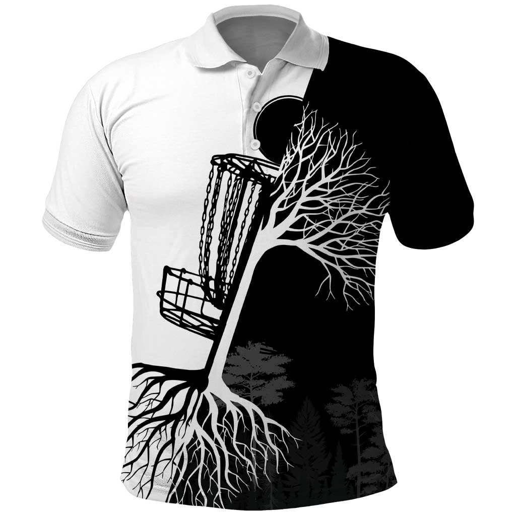 Black and White Disc Golf Tree Graphic Polo Shirt with Roots Silhouette and Custom Name Design - Wonder Print Shop