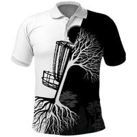 Black and White Disc Golf Tree Graphic Polo Shirt with Roots Silhouette and Custom Name Design - Wonder Print Shop