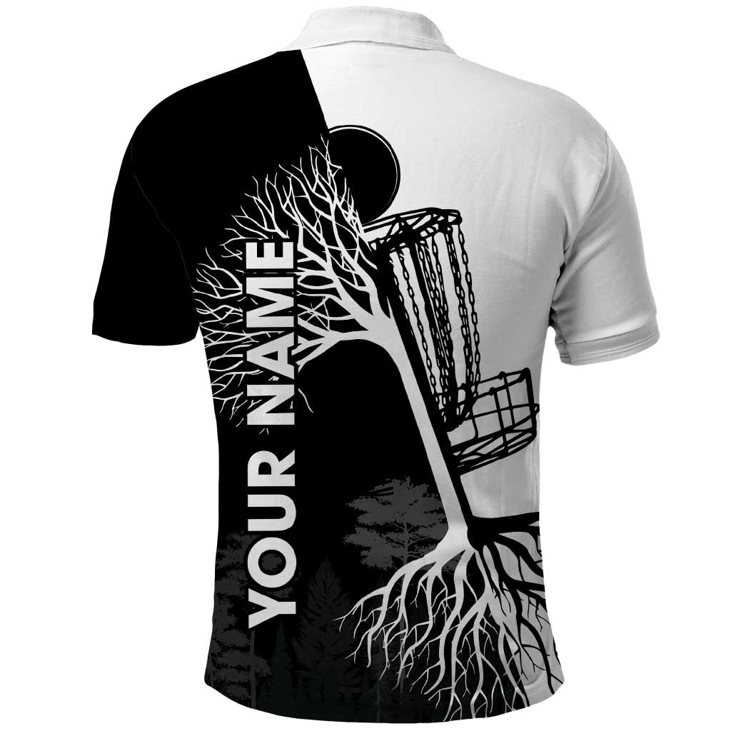 Black and White Disc Golf Tree Graphic Polo Shirt with Roots Silhouette and Custom Name Design - Wonder Print Shop