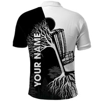 Black and White Disc Golf Tree Graphic Polo Shirt with Roots Silhouette and Custom Name Design - Wonder Print Shop