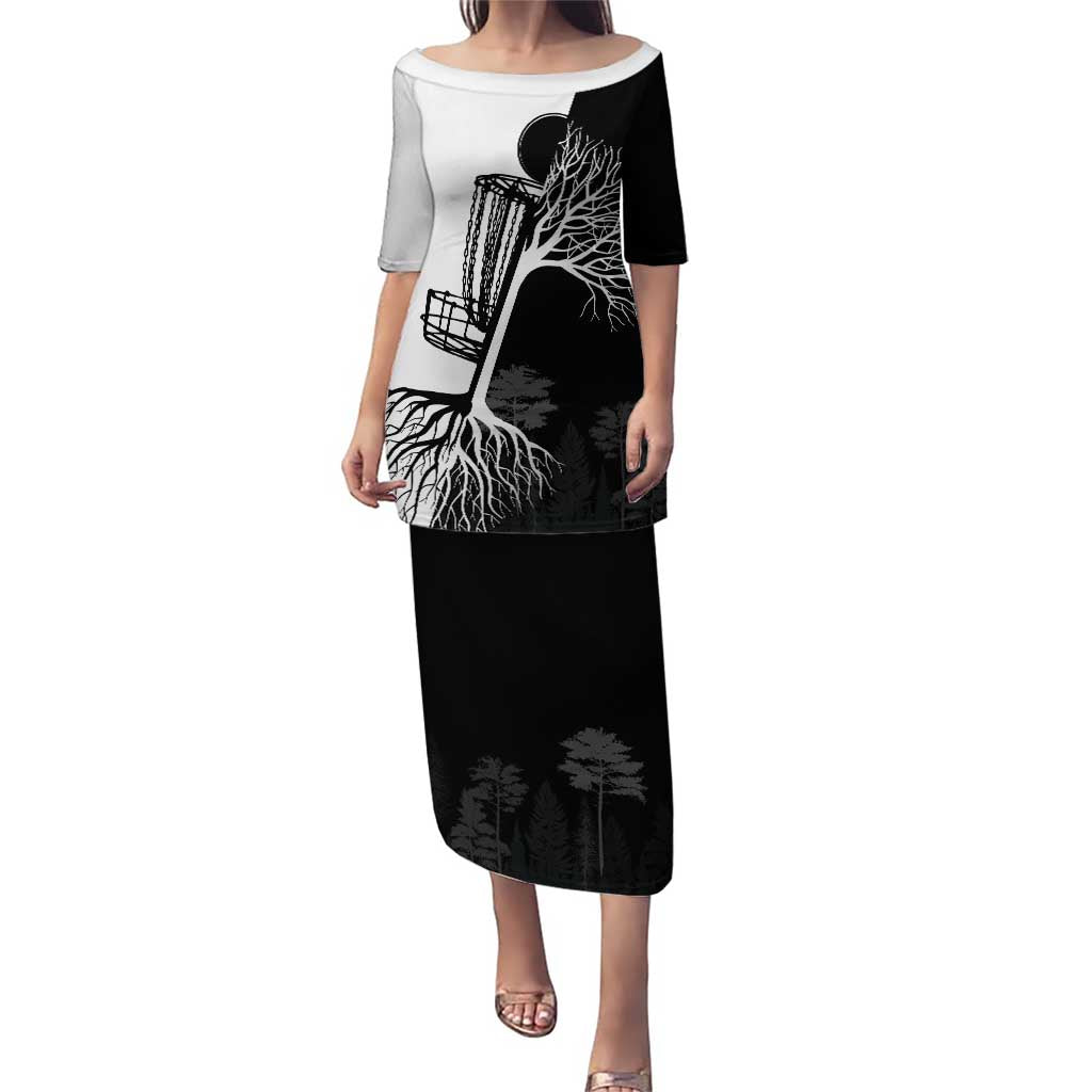 Black and White Disc Golf Tree Graphic Puletasi with Roots Silhouette and Custom Name Design - Wonder Print Shop