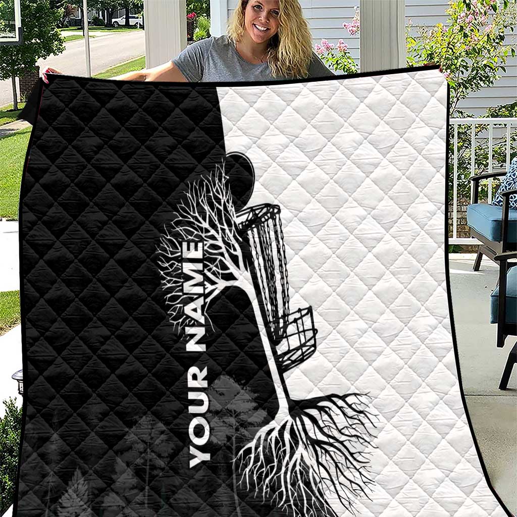Black and White Disc Golf Tree Graphic Quilt with Roots Silhouette and Custom Name Design - Wonder Print Shop