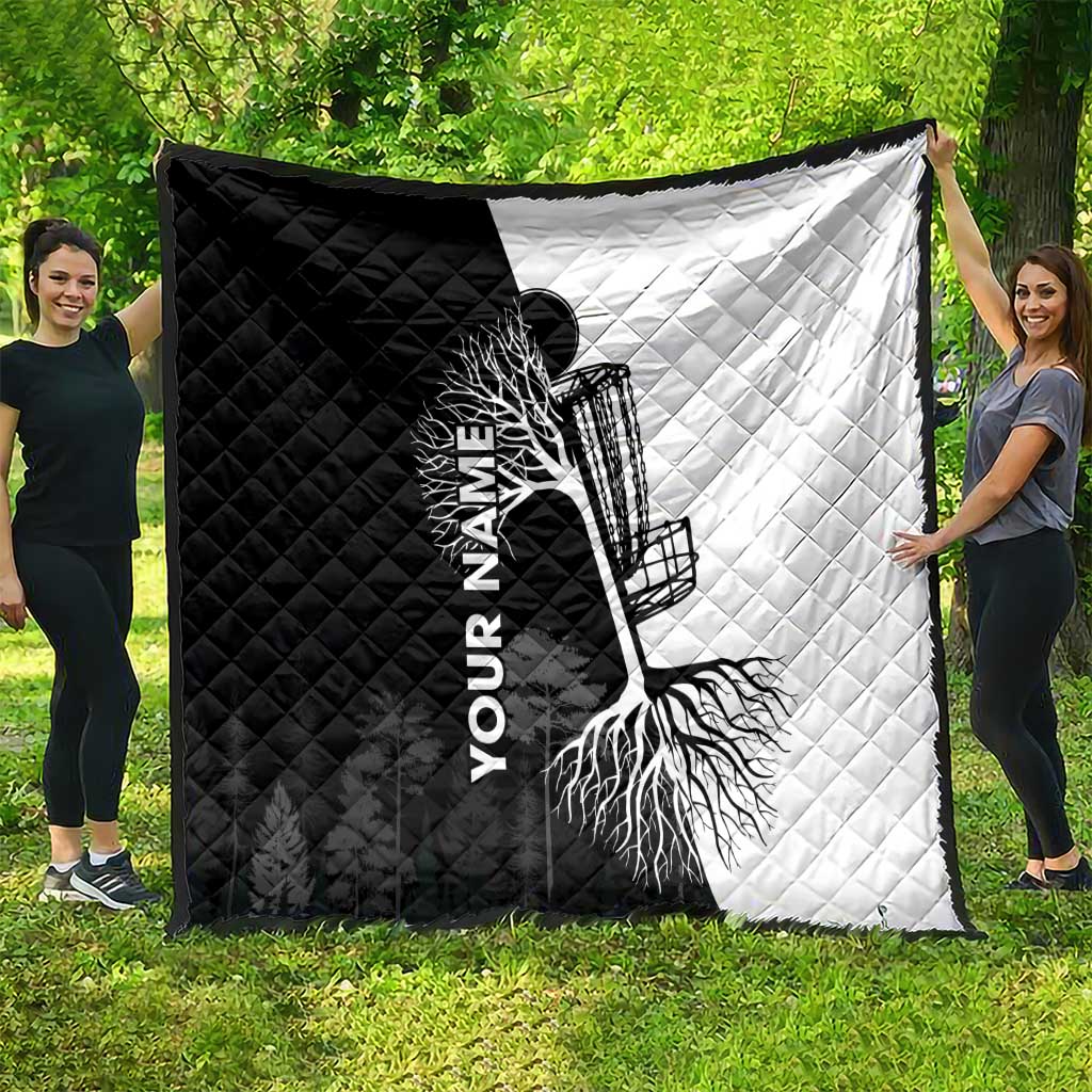 Black and White Disc Golf Tree Graphic Quilt with Roots Silhouette and Custom Name Design - Wonder Print Shop