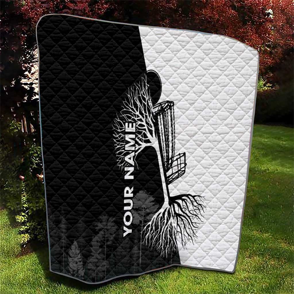 Black and White Disc Golf Tree Graphic Quilt with Roots Silhouette and Custom Name Design - Wonder Print Shop