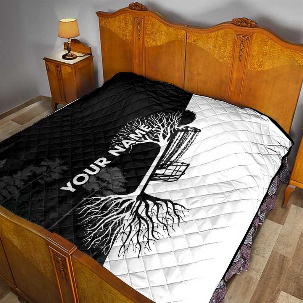 Black and White Disc Golf Tree Graphic Quilt with Roots Silhouette and Custom Name Design - Wonder Print Shop