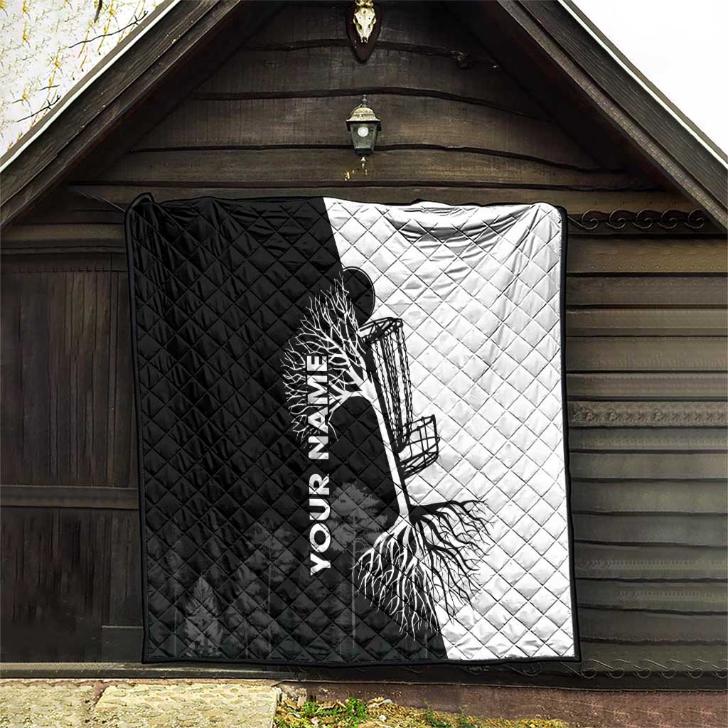 Black and White Disc Golf Tree Graphic Quilt with Roots Silhouette and Custom Name Design - Wonder Print Shop