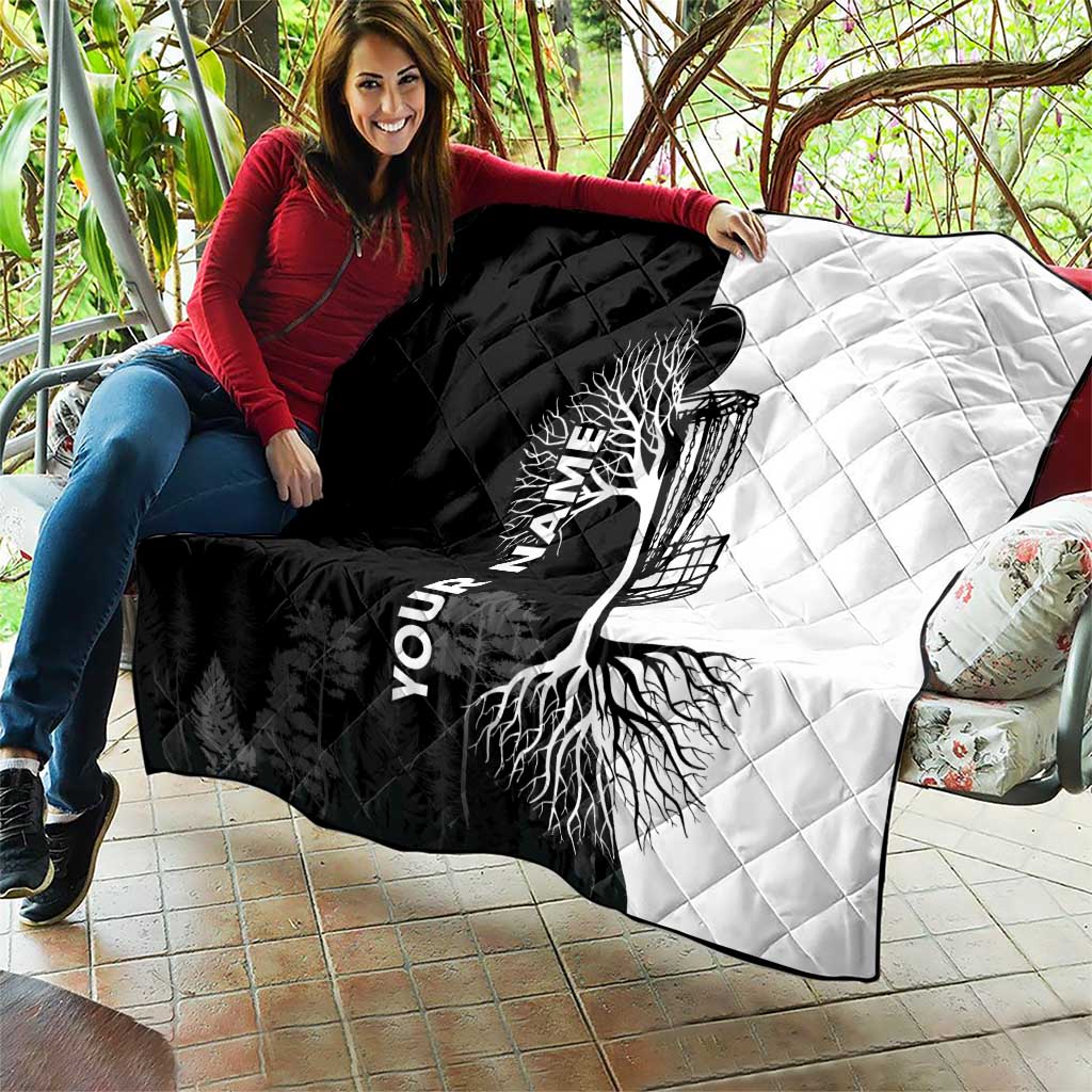 Black and White Disc Golf Tree Graphic Quilt with Roots Silhouette and Custom Name Design - Wonder Print Shop