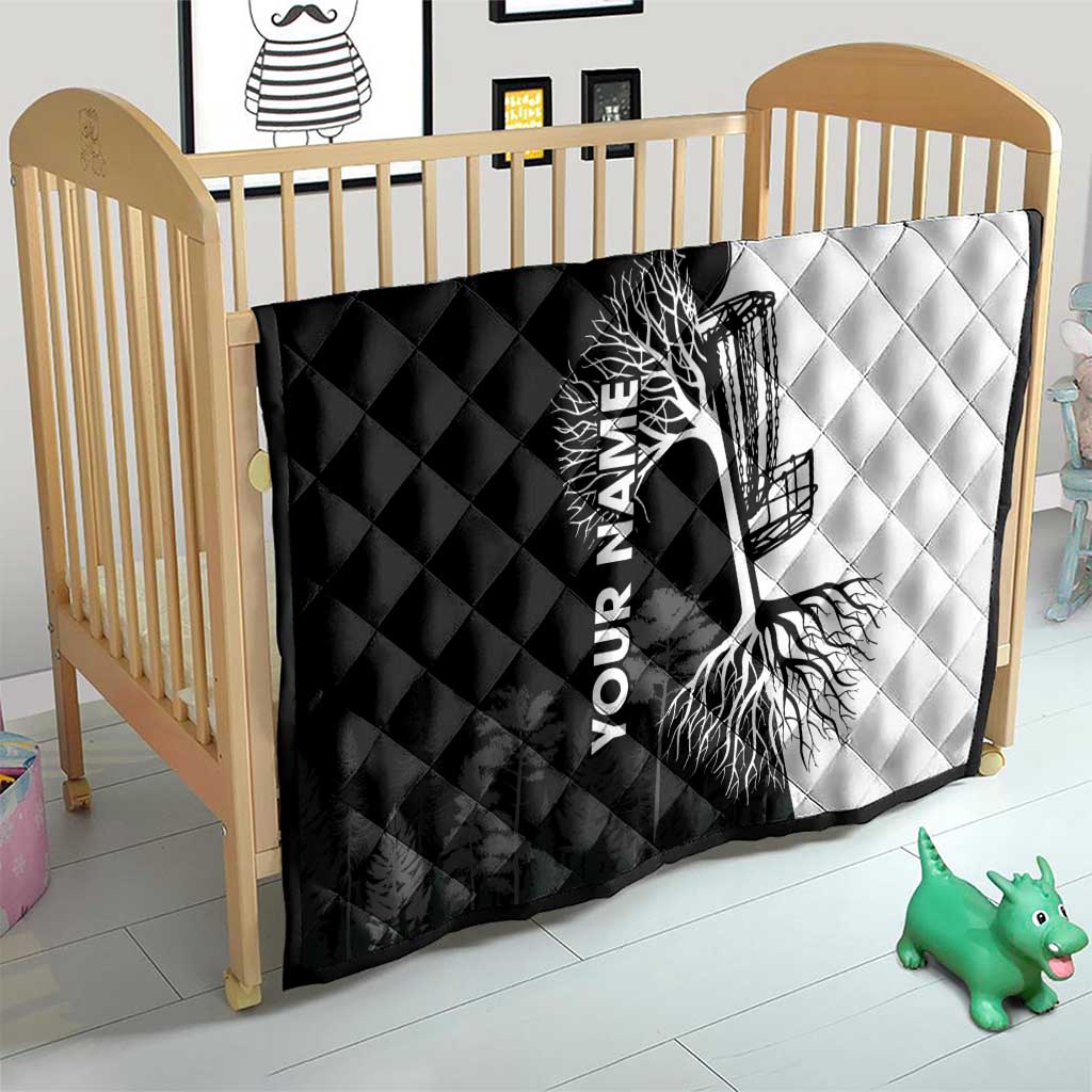 Black and White Disc Golf Tree Graphic Quilt with Roots Silhouette and Custom Name Design - Wonder Print Shop