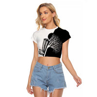 Black and White Disc Golf Tree Graphic Raglan Cropped T Shirt with Roots Silhouette and Custom Name Design - Wonder Print Shop