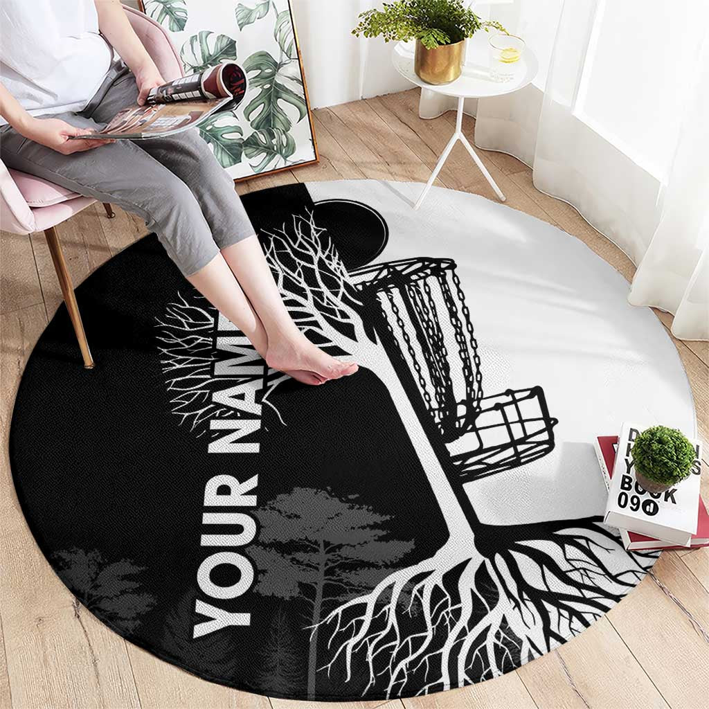 Black and White Disc Golf Tree Graphic Round Carpet with Roots Silhouette and Custom Name Design - Wonder Print Shop