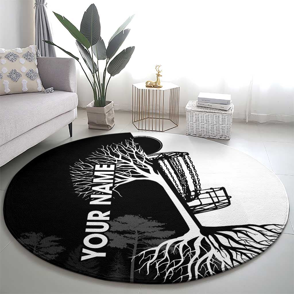 Black and White Disc Golf Tree Graphic Round Carpet with Roots Silhouette and Custom Name Design - Wonder Print Shop