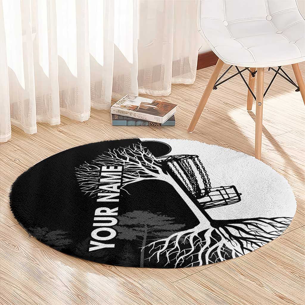 Black and White Disc Golf Tree Graphic Round Carpet with Roots Silhouette and Custom Name Design - Wonder Print Shop